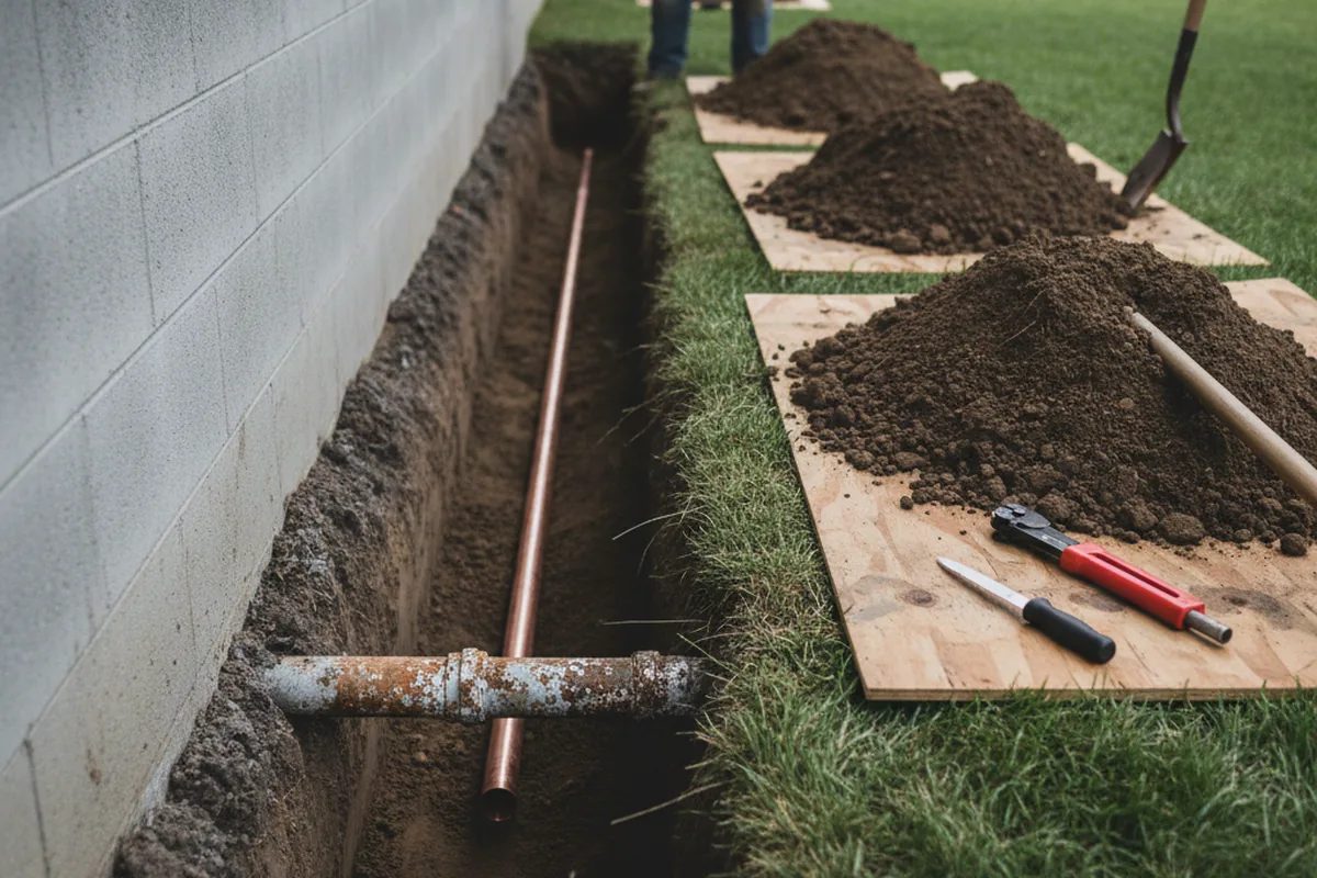 Excavated water line trench during Sewer Line Repair in Hawthorne
